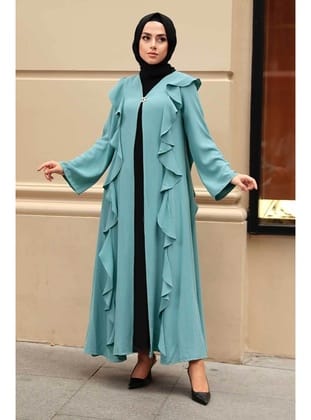- Fırfır Detaylı Çağla Yeşili Tesettür Abaya 15402CY