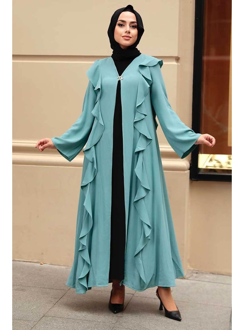 - Fırfır Detaylı Çağla Yeşili Tesettür Abaya 15402CY - Resim 2