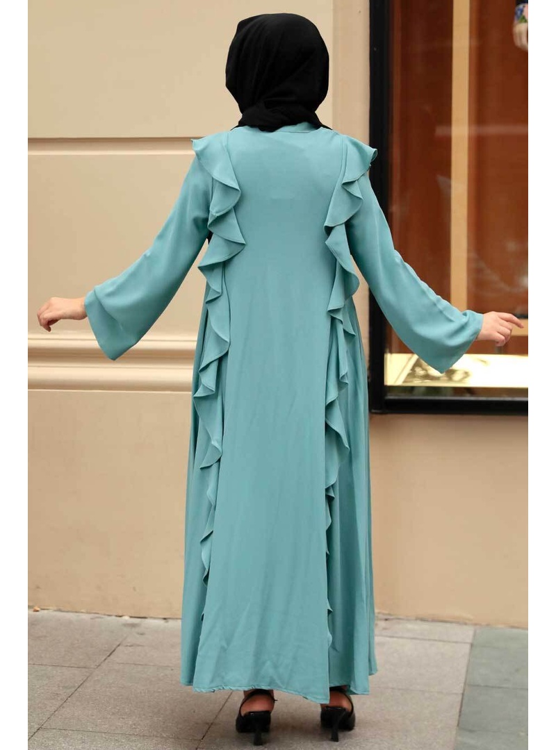 - Fırfır Detaylı Çağla Yeşili Tesettür Abaya 15402CY - Resim 3