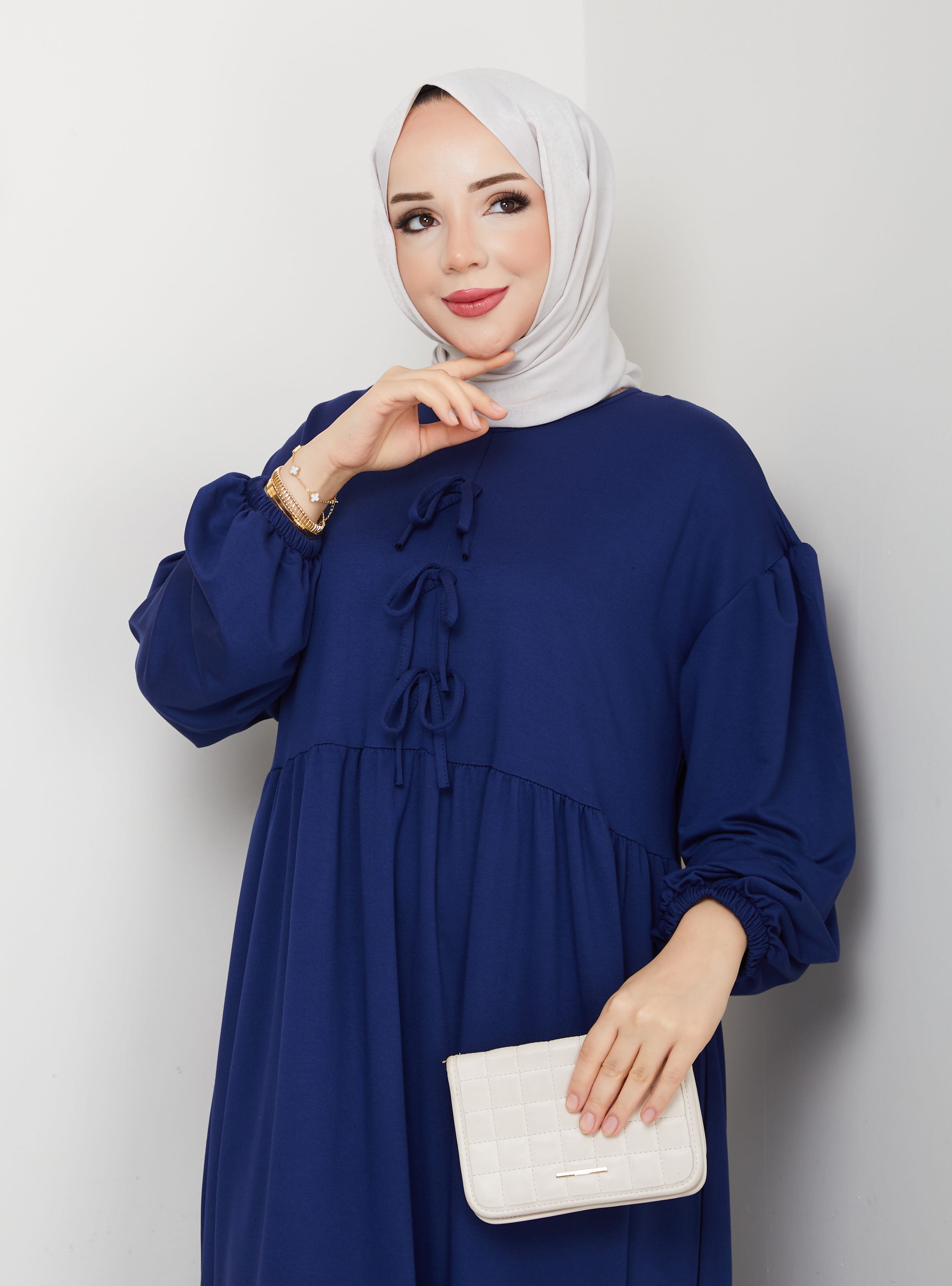 FİYONKLU ELBİSE - Lacivert - SAHRA BUTİK - Resim 3