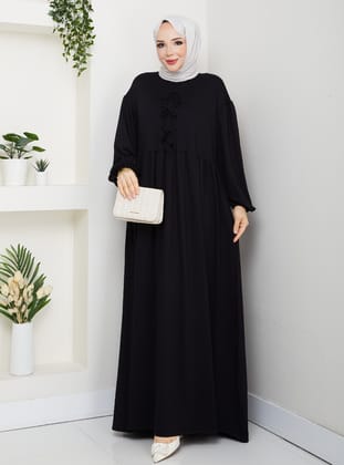 FİYONKLU ELBİSE - Siyah - SAHRA BUTİK