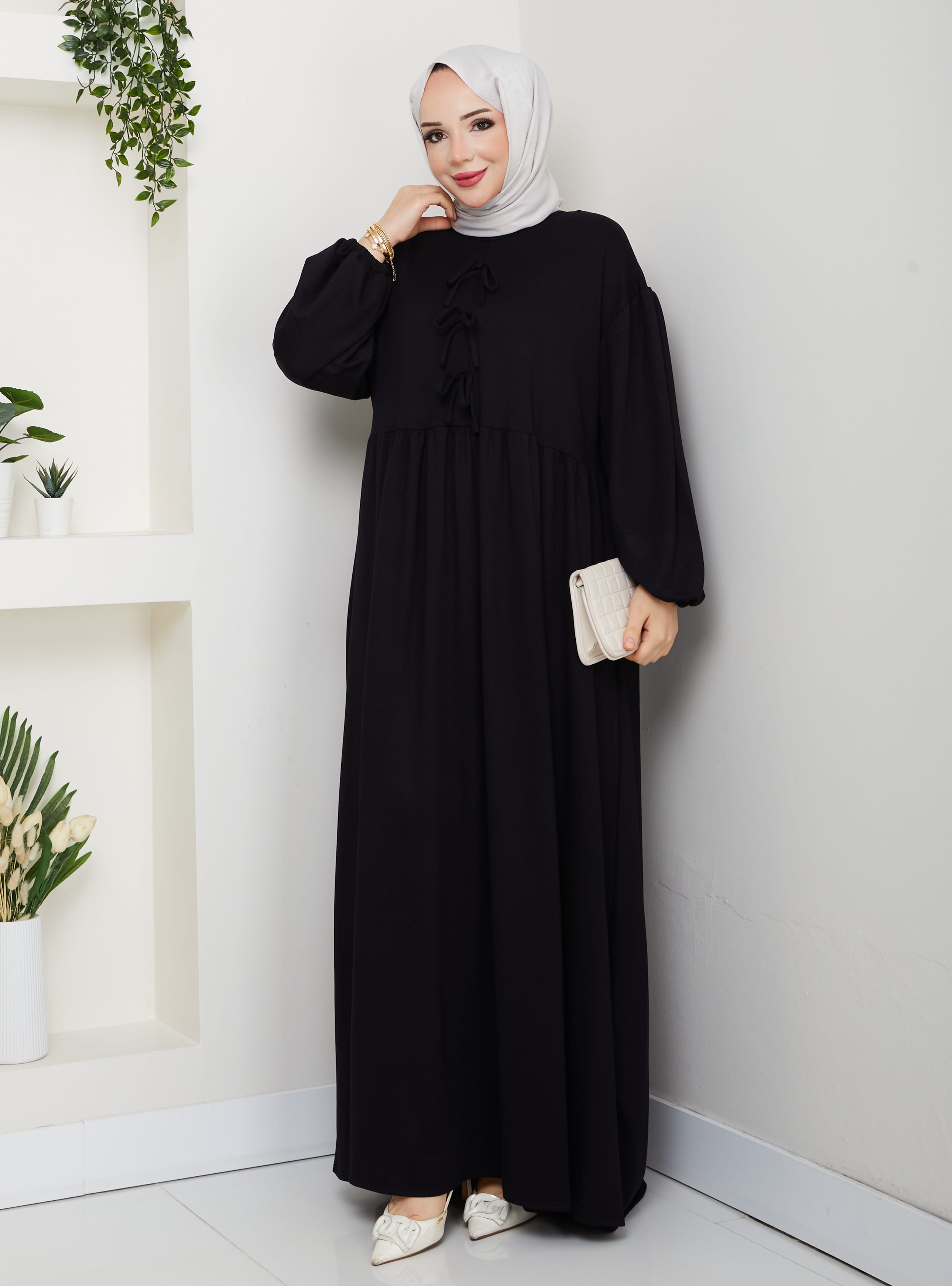 FİYONKLU ELBİSE - Siyah - SAHRA BUTİK - Resim 2
