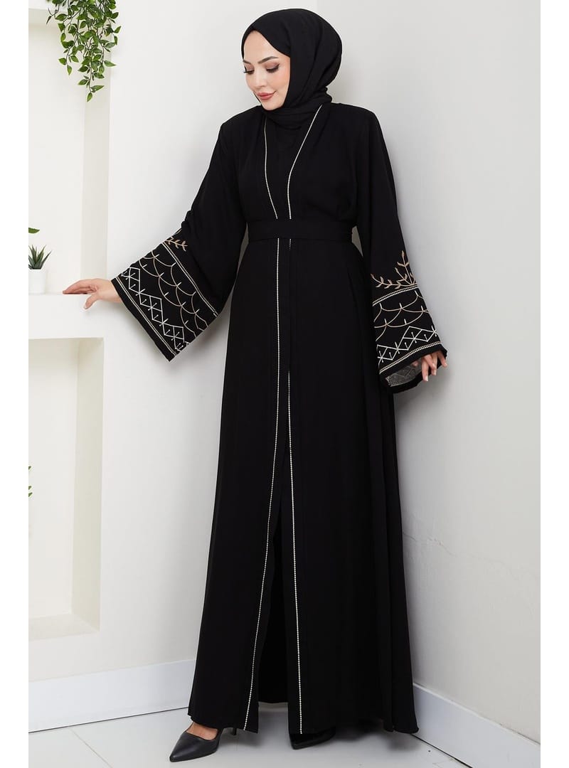 Nakışlı Kuşaklı Abaya Siyah HM2852 - Resim 2