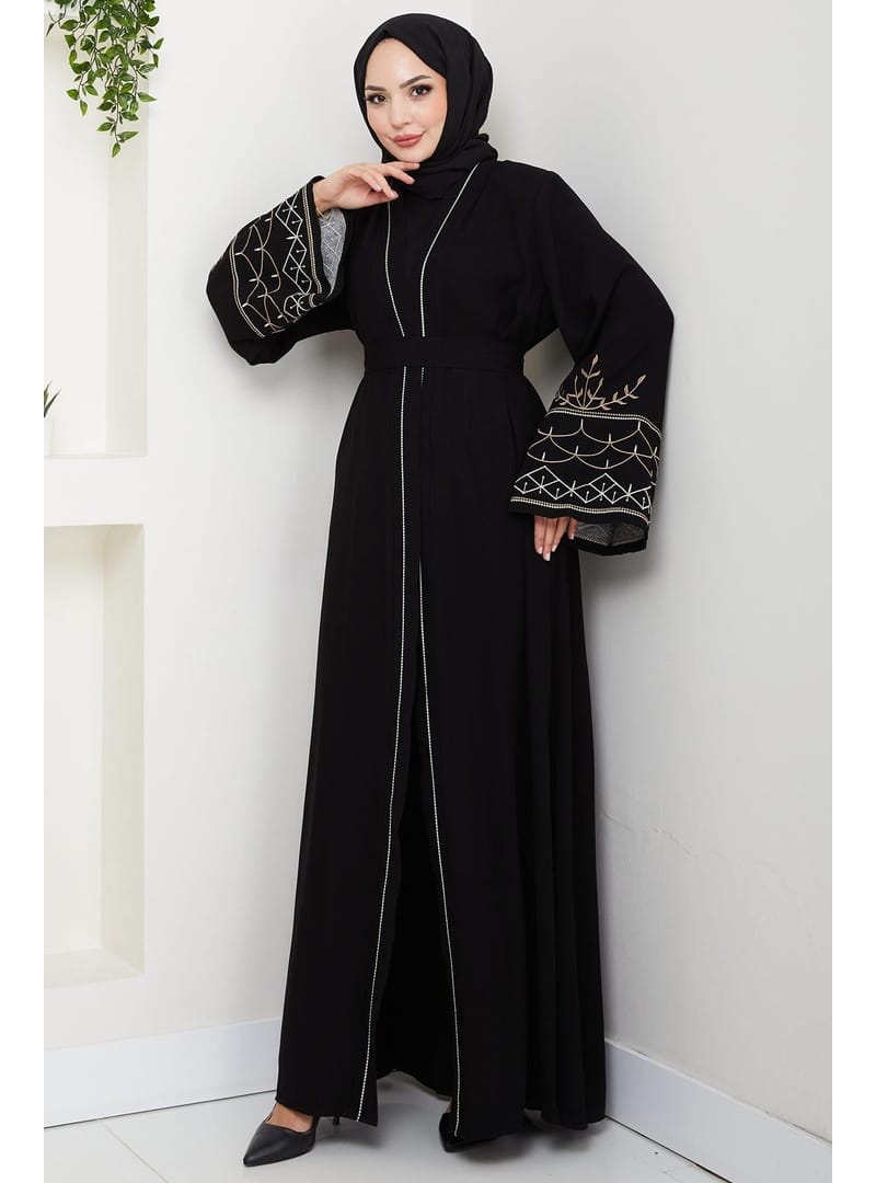 Nakışlı Kuşaklı Abaya Siyah HM2852 - Resim 3