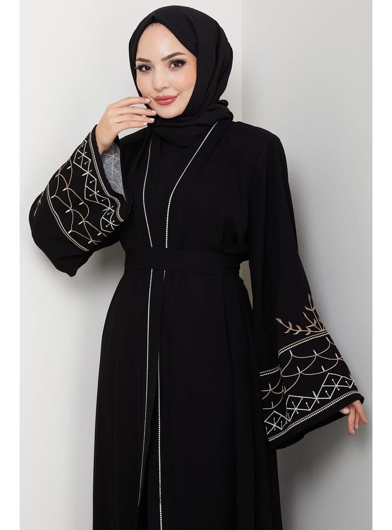 Nakışlı Kuşaklı Abaya Siyah HM2852 - Resim 4