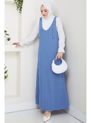 Kaz Ayağı Desen Jile Elbise Mavi HM2865