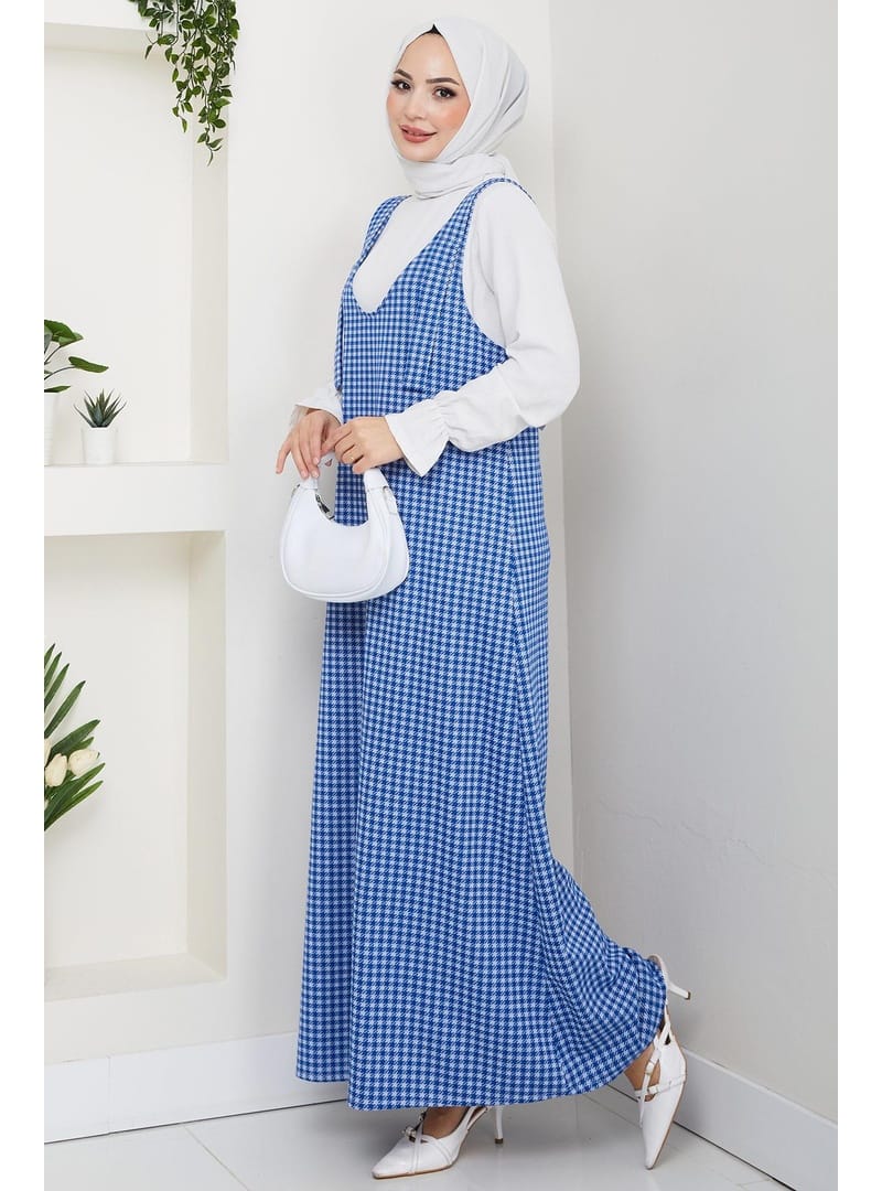 Kaz Ayağı Desen Jile Elbise Mavi HM2865 - Resim 3