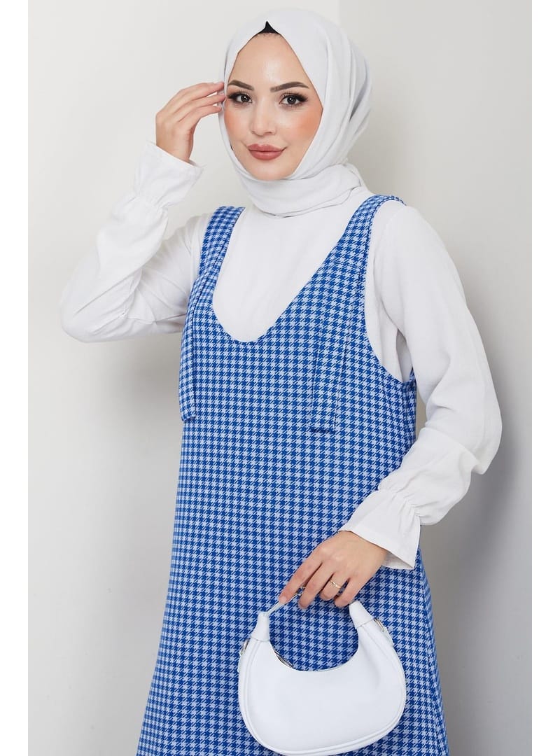 Kaz Ayağı Desen Jile Elbise Mavi HM2865 - Resim 4
