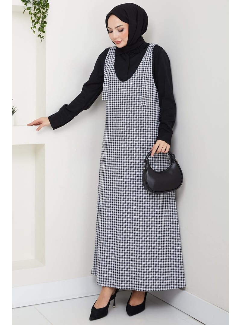 Kaz Ayağı Desen Jile Elbise Siyah HM2865 - Resim 2