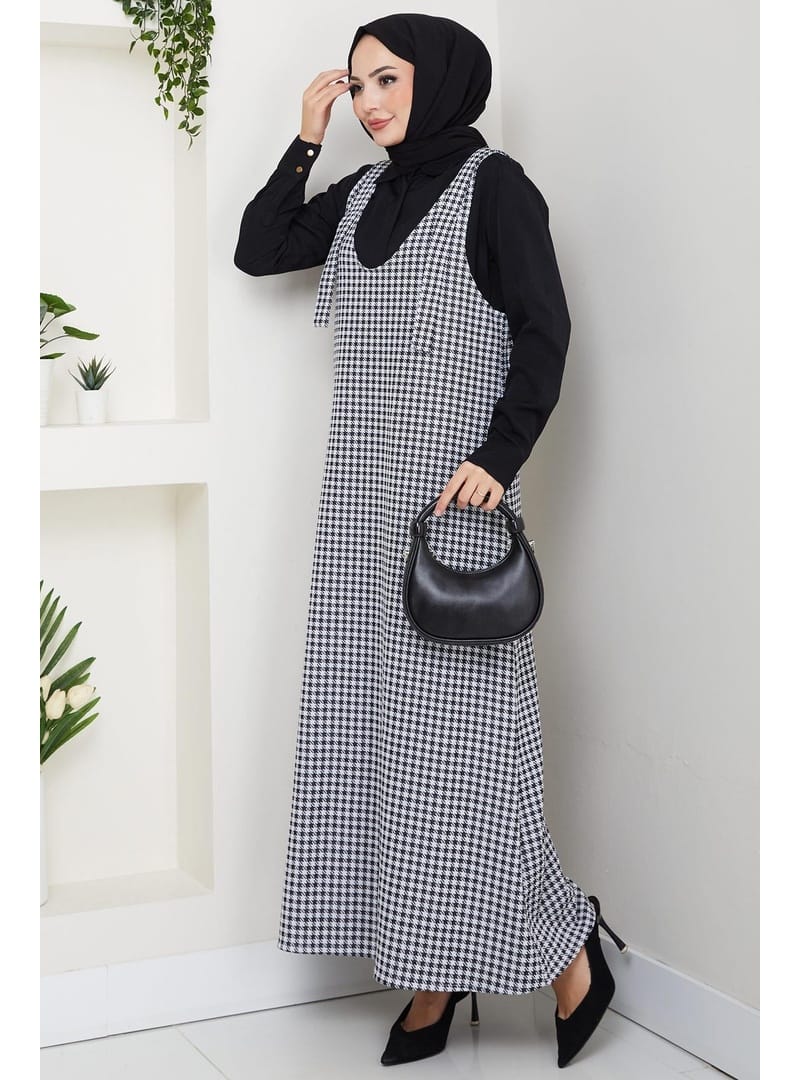 Kaz Ayağı Desen Jile Elbise Siyah HM2865 - Resim 3
