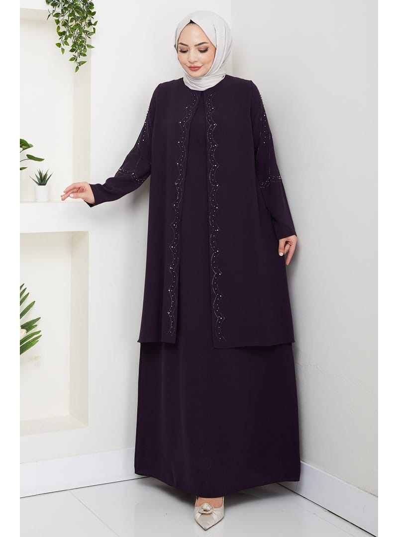 Büyük Beden Boncuklu Taşlı Anne Elbisesi Mor HM2693 - Resim 3