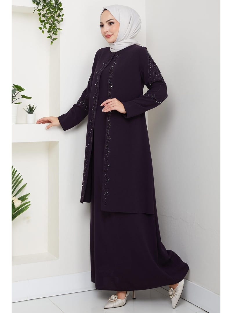 Büyük Beden Boncuklu Taşlı Anne Elbisesi Mor HM2693 - Resim 4