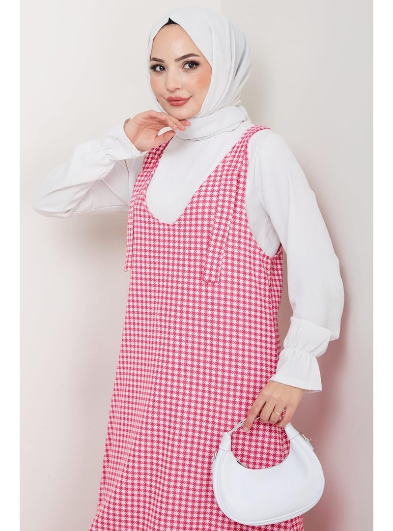 Kaz Ayağı Desen Jile Elbise Pembe HM2865 - Resim 2