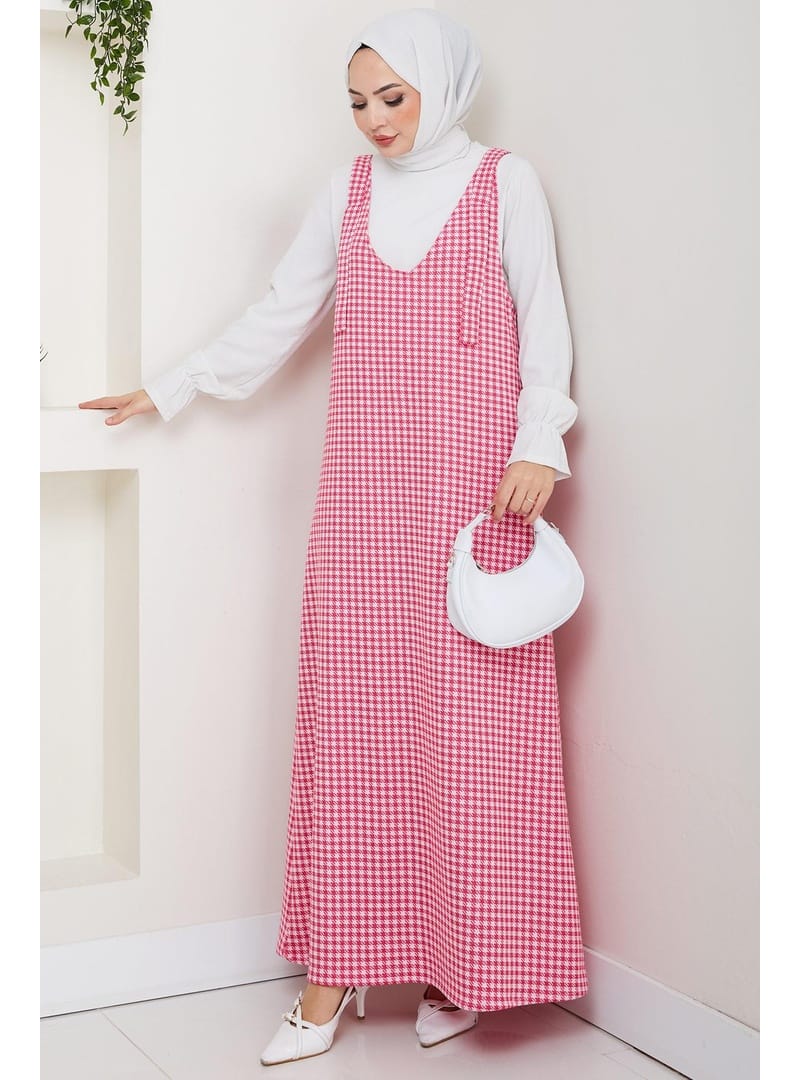 Kaz Ayağı Desen Jile Elbise Pembe HM2865 - Resim 3