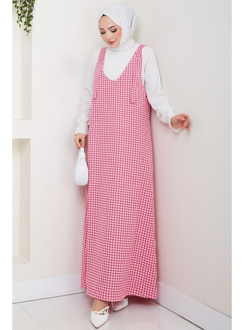 Kaz Ayağı Desen Jile Elbise Pembe HM2865 - Resim 4