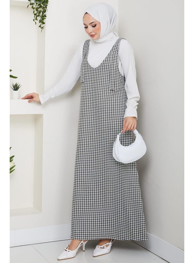 Kaz Ayağı Desen Jile Elbise Haki HM2865 - Resim 3