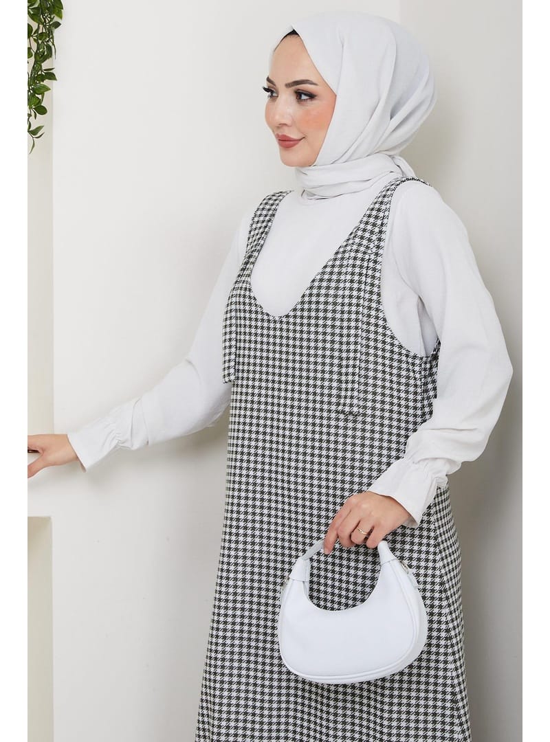 Kaz Ayağı Desen Jile Elbise Haki HM2865 - Resim 4