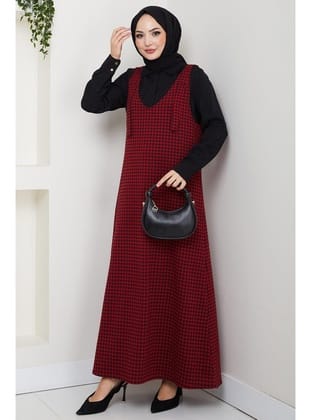 Kaz Ayağı Desen Jile Elbise Kırmızı HM2865