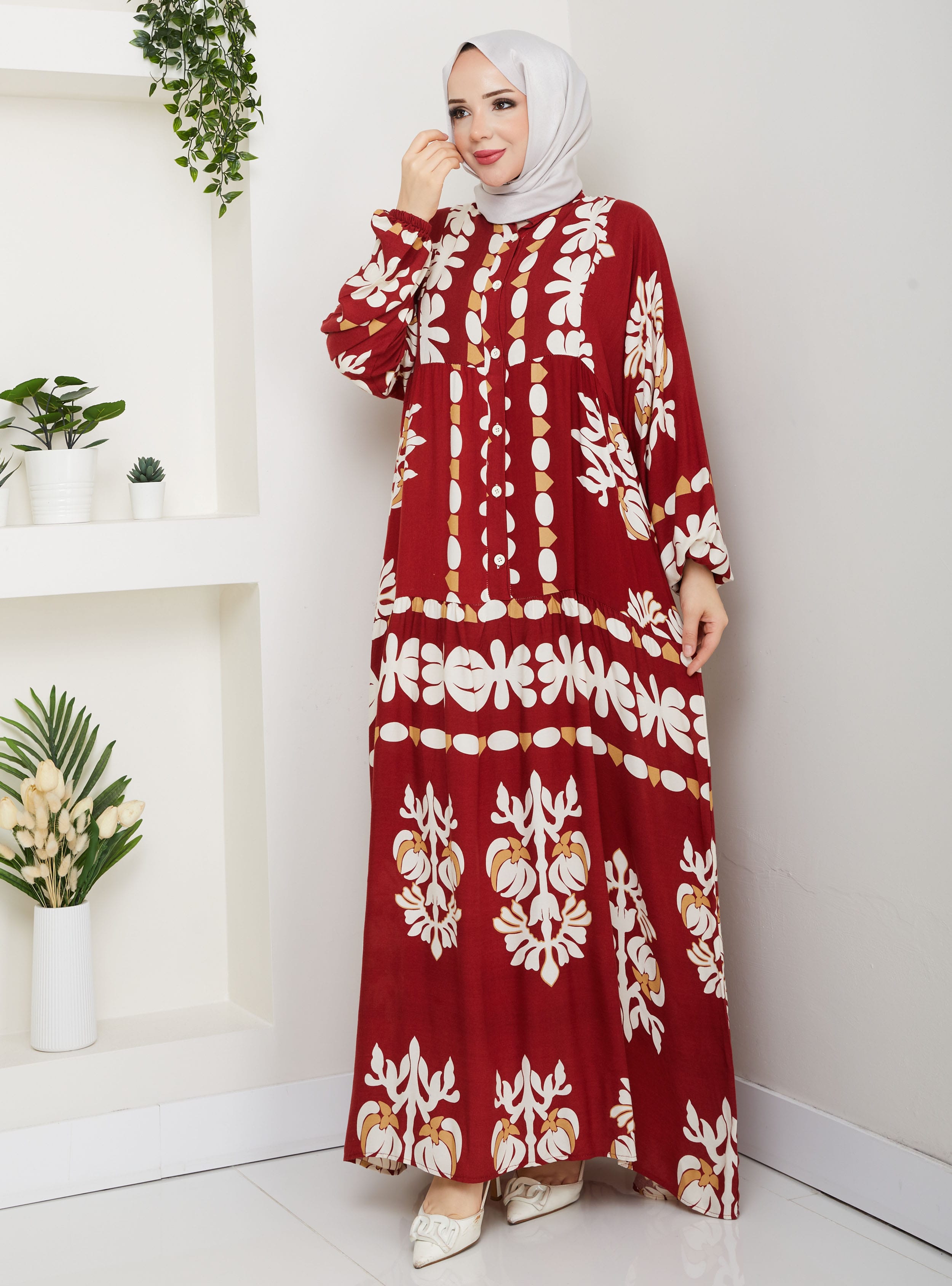 Yarım Patlı Düğmeli Viskon Elbise - Bordo - SAHRA BUTİK - Resim 3