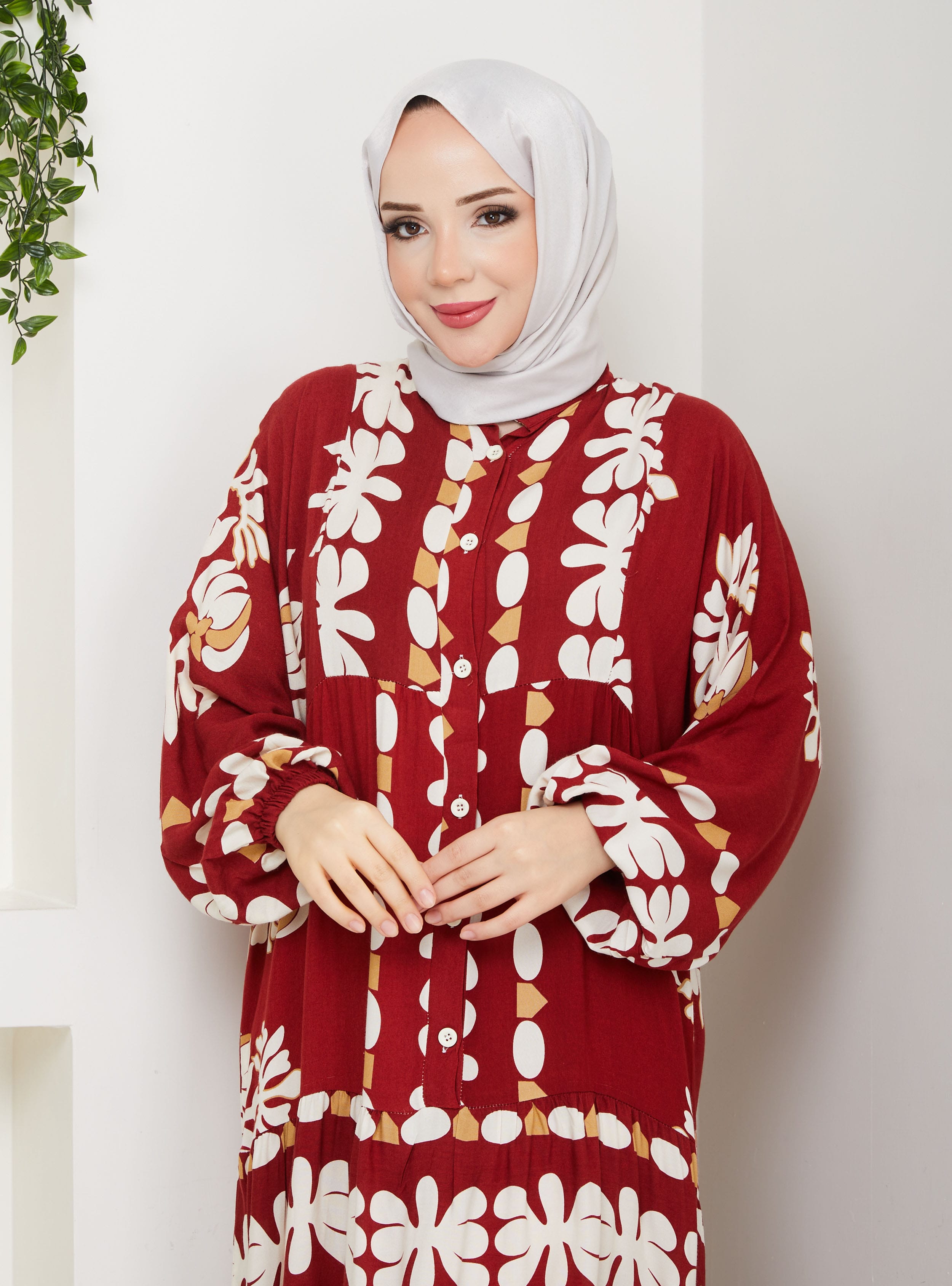 Yarım Patlı Düğmeli Viskon Elbise - Bordo - SAHRA BUTİK - Resim 4