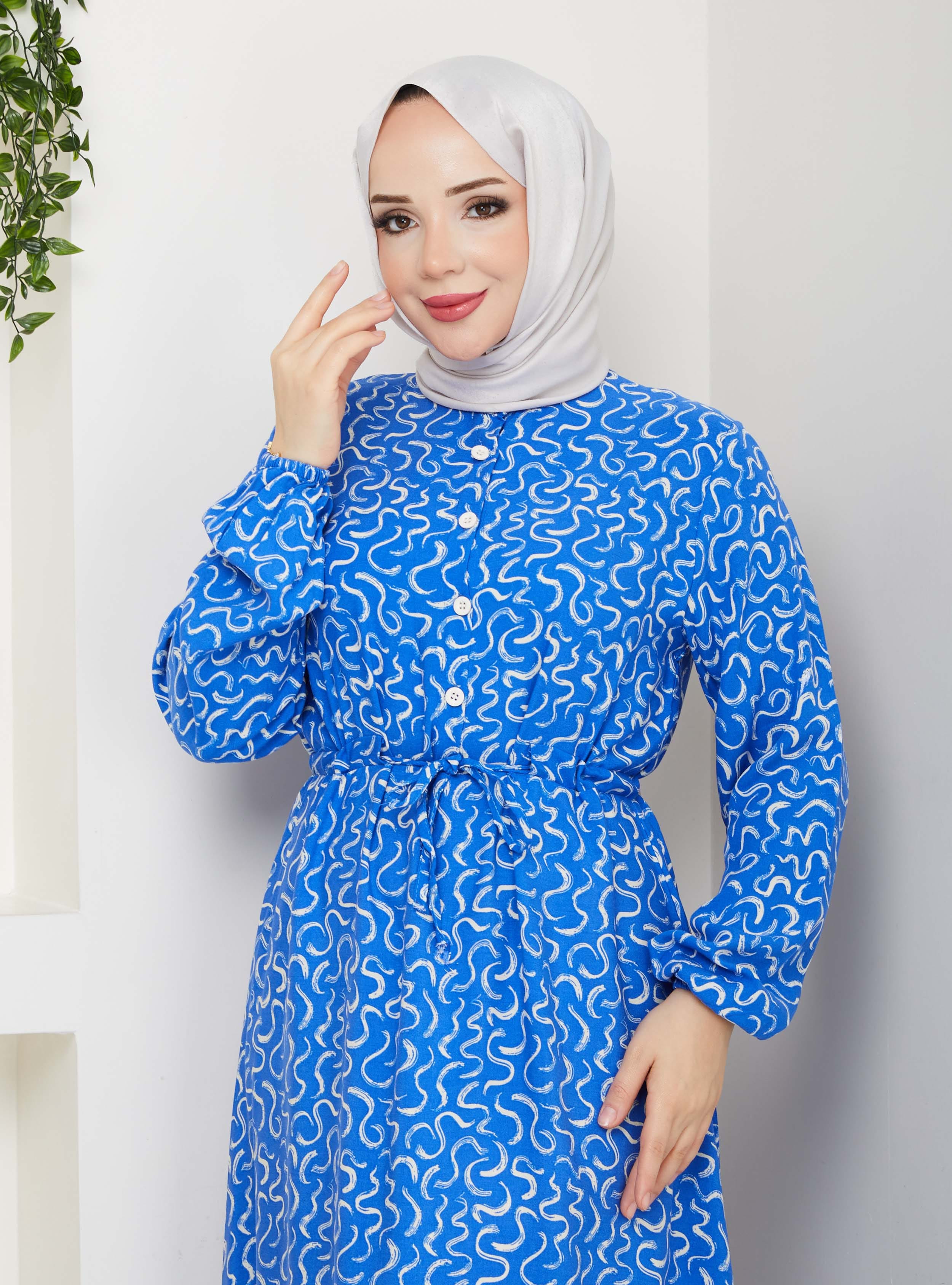 Yarım Patlı Düğmeli Viskon Elbise - Mavi - SAHRA BUTİK - Resim 4