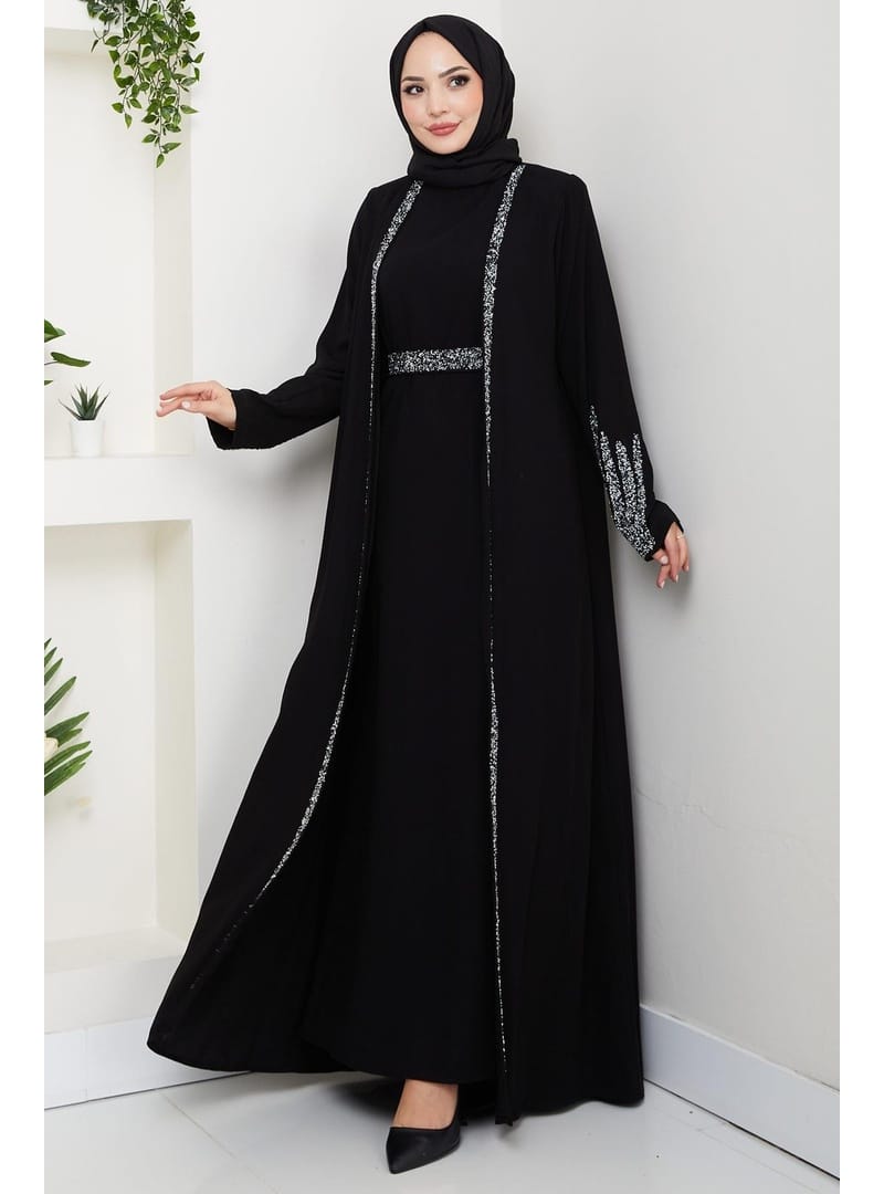 Taş Detaylı İçlikli Abaya Takım Siyah HM2858 - Resim 2