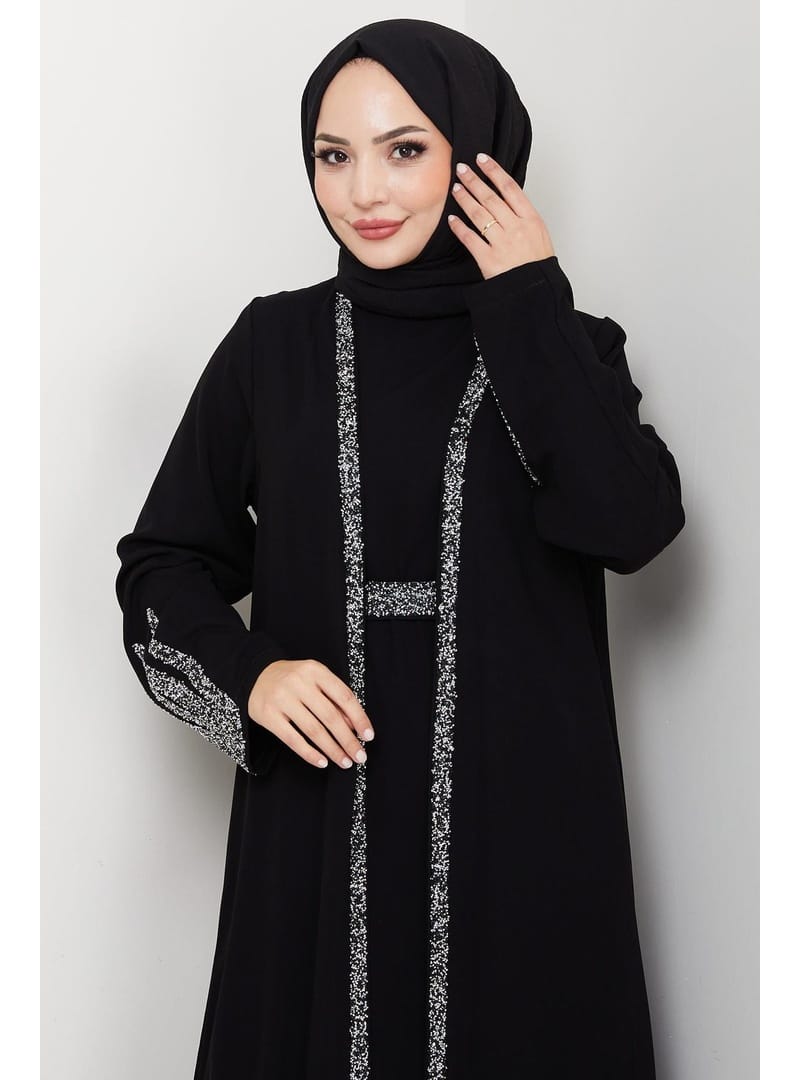 Taş Detaylı İçlikli Abaya Takım Siyah HM2858 - Resim 3