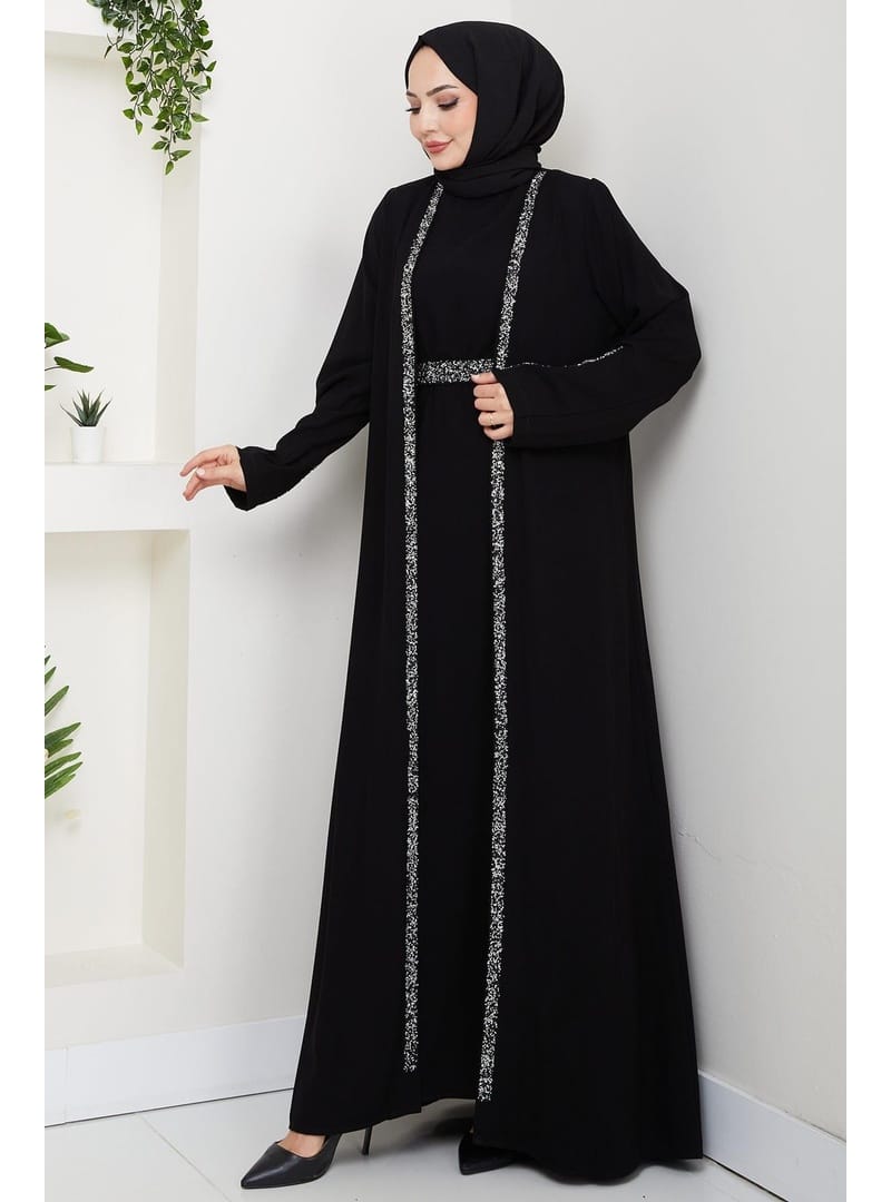 Taş Detaylı İçlikli Abaya Takım Siyah HM2858 - Resim 4