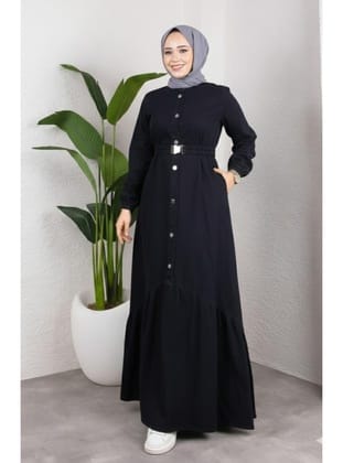 Kadın Düğmeli Kuşaklı Denim Siyah Kot Elbise