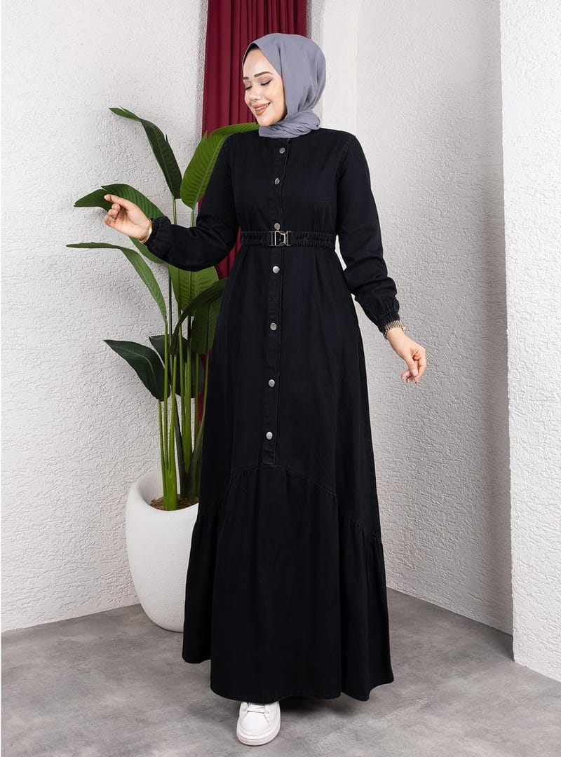 Kadın Düğmeli Kuşaklı Denim Siyah Kot Elbise - Resim 2