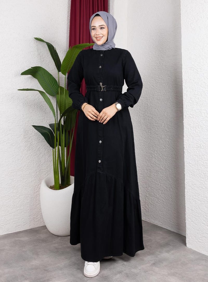 Kadın Düğmeli Kuşaklı Denim Siyah Kot Elbise - Resim 3
