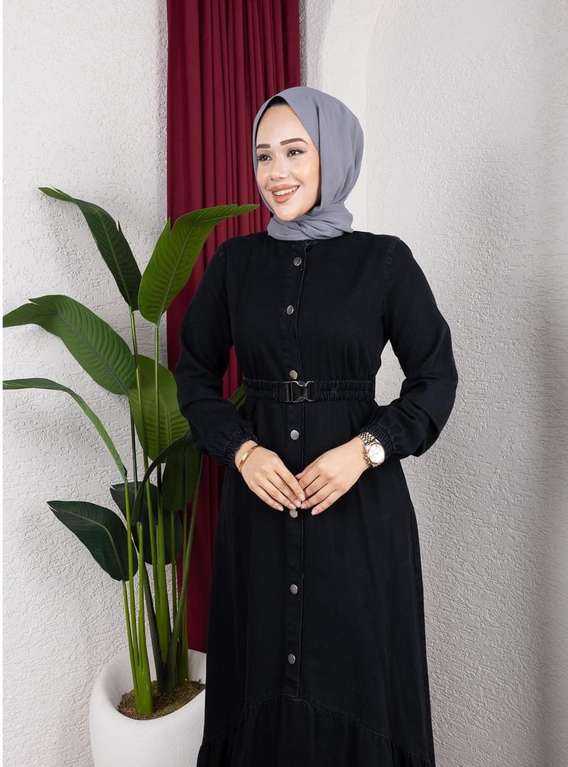 Kadın Düğmeli Kuşaklı Denim Siyah Kot Elbise - Resim 4
