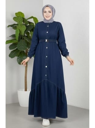 Kadın Düğmeli Kuşaklı Denim Koyu Kot Mavi Elbise