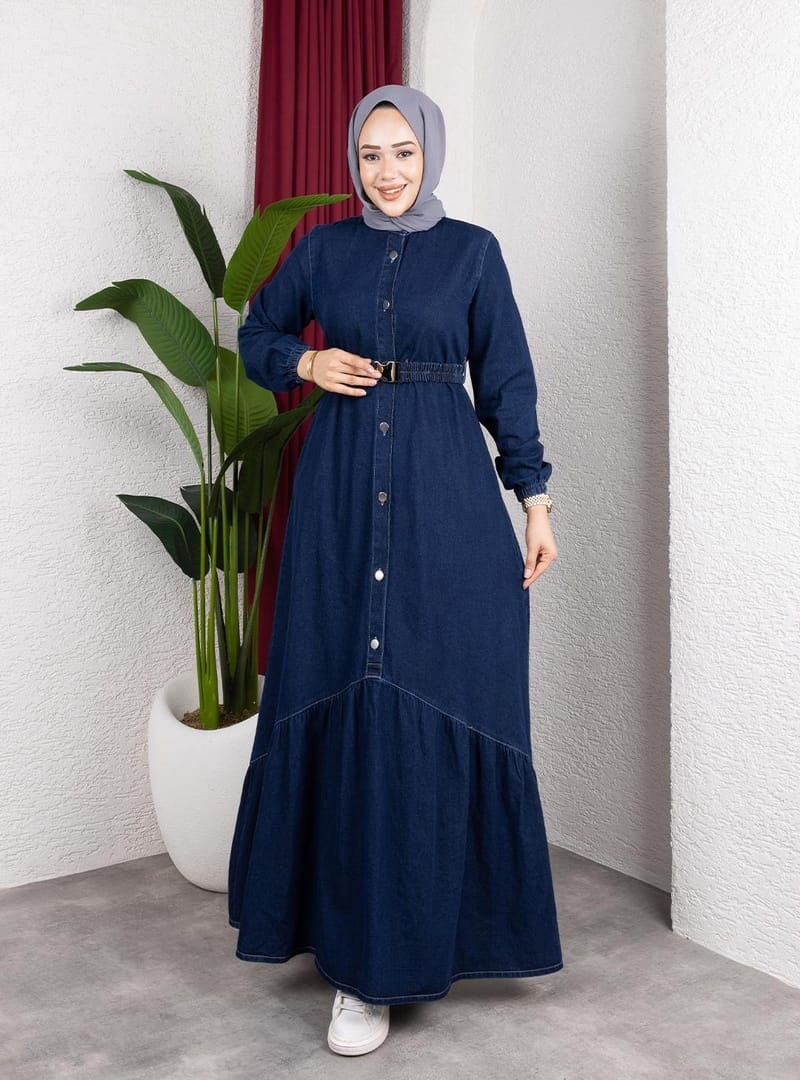 Kadın Düğmeli Kuşaklı Denim Koyu Kot Mavi Elbise - Resim 2