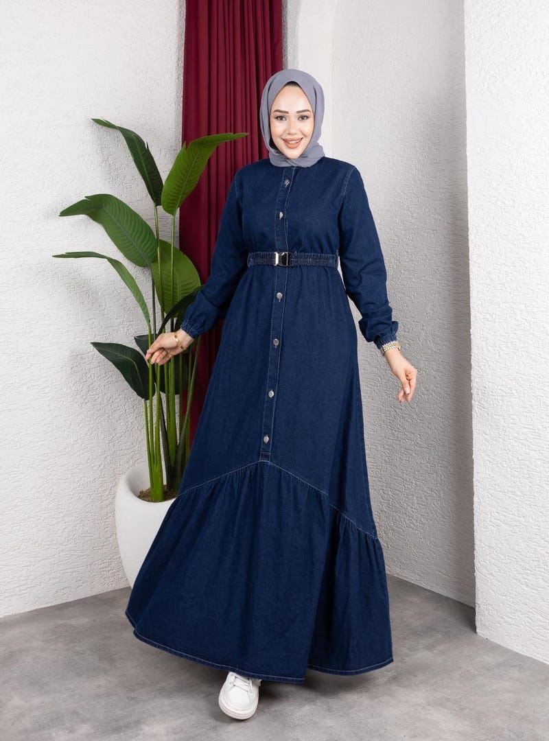 Kadın Düğmeli Kuşaklı Denim Koyu Kot Mavi Elbise - Resim 3