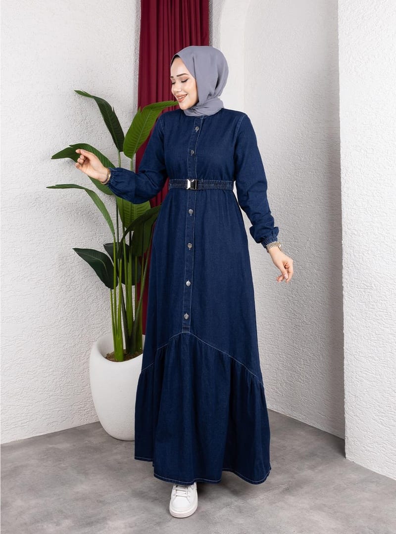 Kadın Düğmeli Kuşaklı Denim Koyu Kot Mavi Elbise - Resim 4
