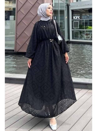 Desenli Siyah Tesettür Elbise 14291S