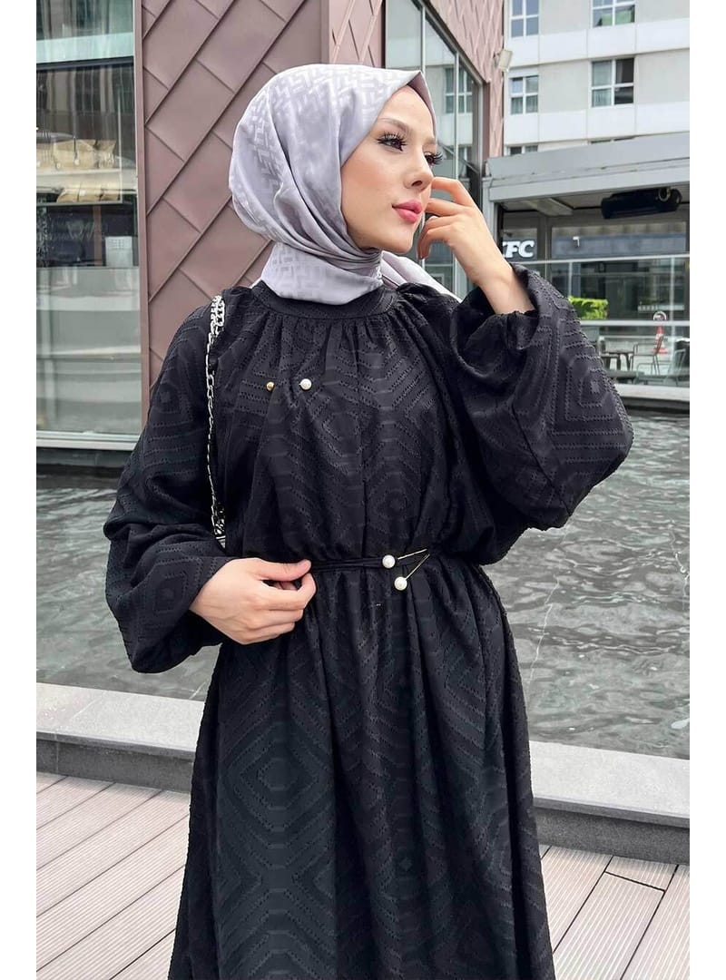 Desenli Siyah Tesettür Elbise 14291S - Resim 2