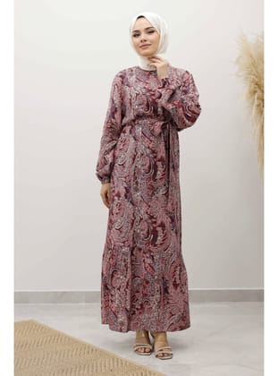 Şal Desen Kuşaklı Elbise TSD250257 Bordo