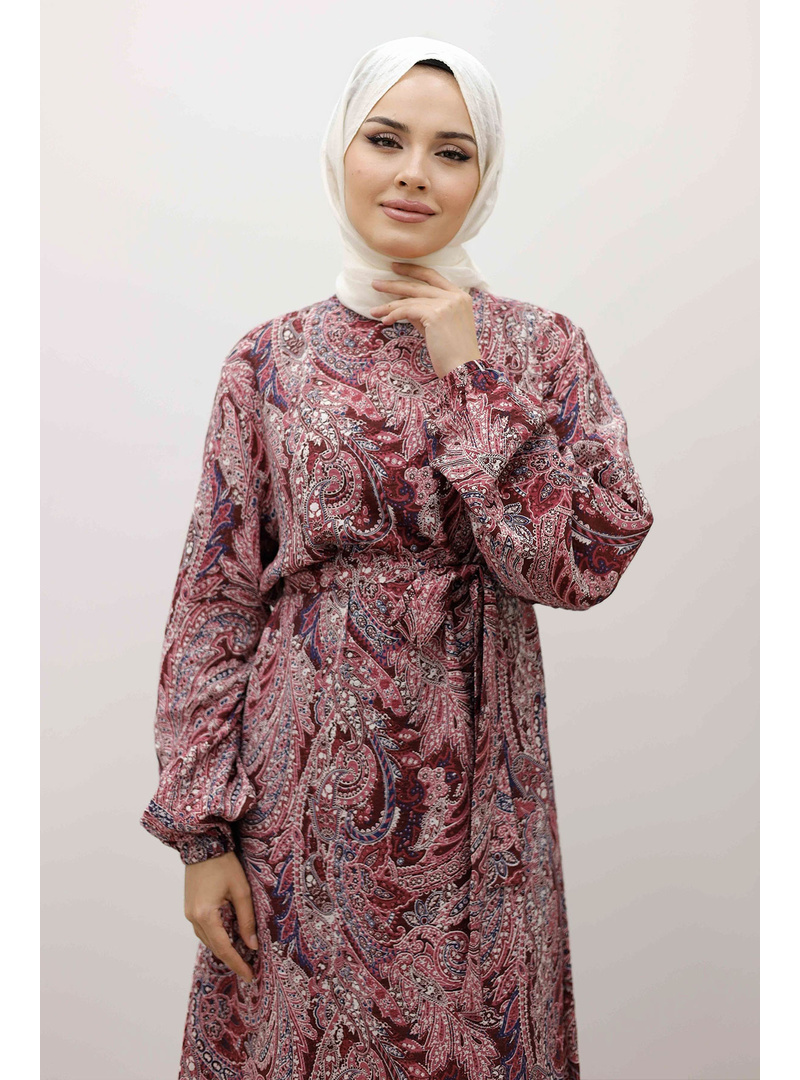 Şal Desen Kuşaklı Elbise TSD250257 Bordo - Resim 2