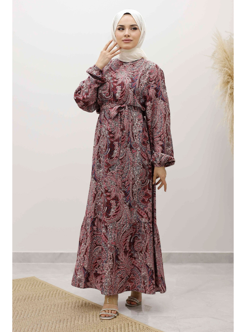 Şal Desen Kuşaklı Elbise TSD250257 Bordo - Resim 3