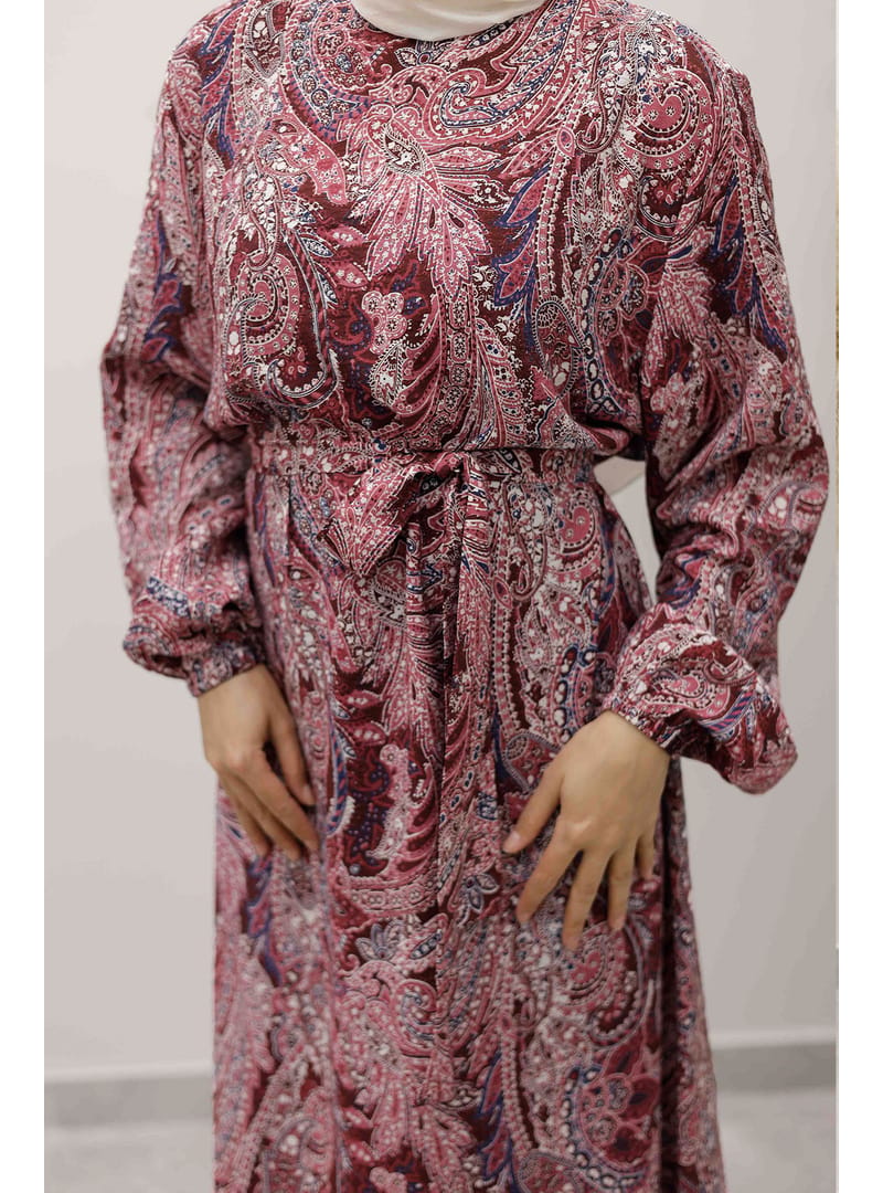 Şal Desen Kuşaklı Elbise TSD250257 Bordo - Resim 4