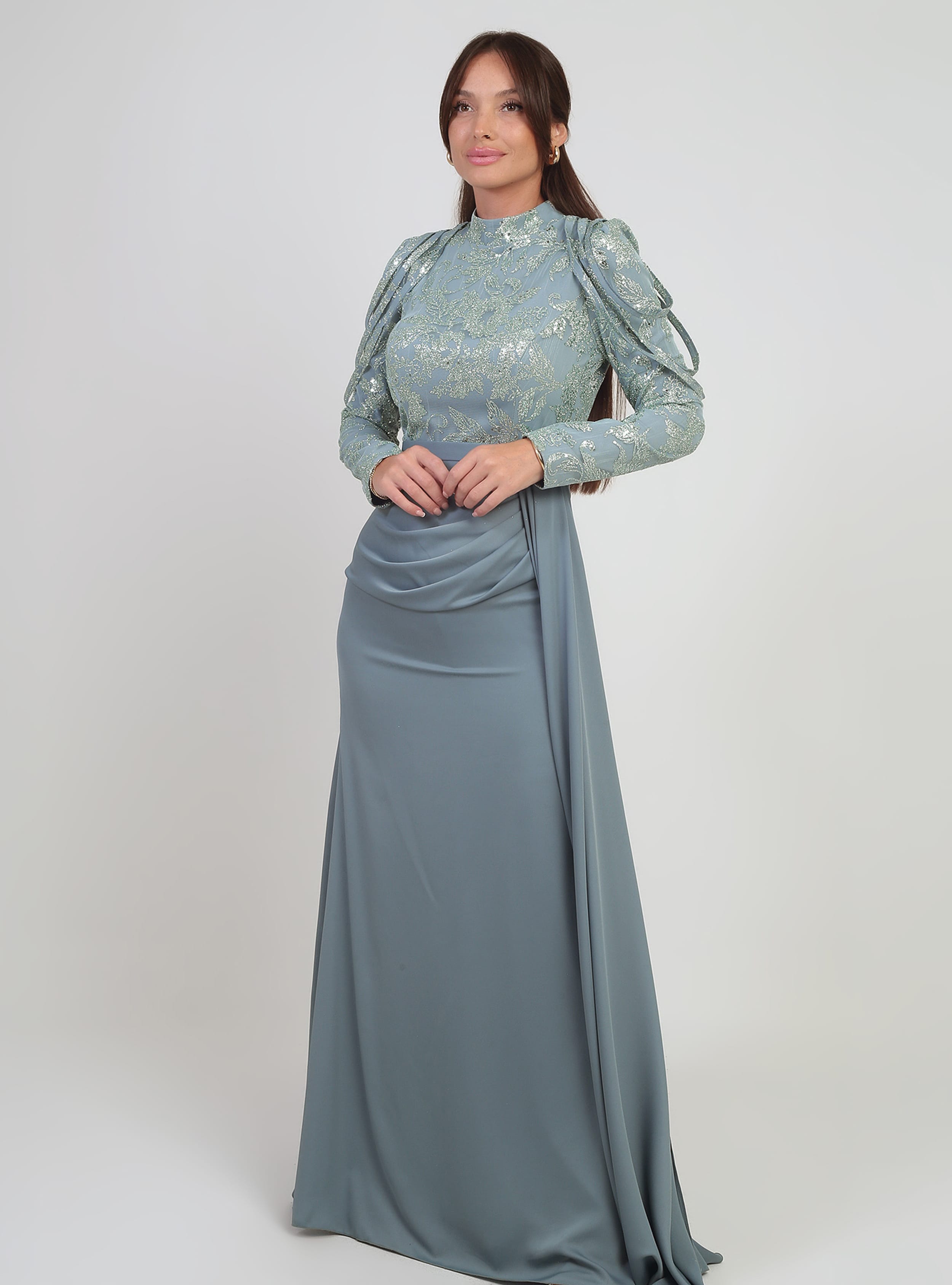 Kadın Üstü Pul Sim Detaylı Eteği Büzgülü Astarlı Şifon Uzun Elbise - Mint Yeşili - By Saygı - Resim 3