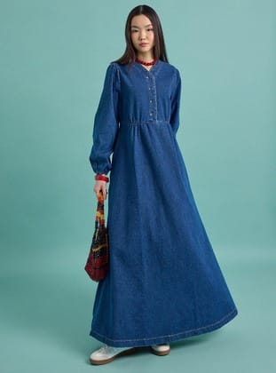V Yakalı Denim Tesettür Elbise - Açık Lacivert - Benin