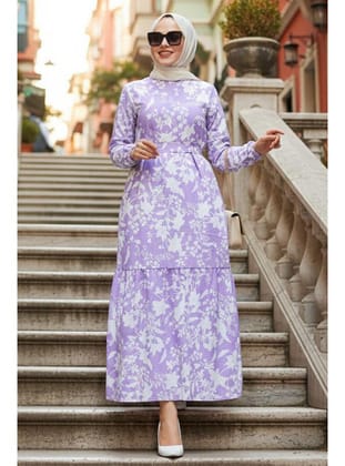 Desenli Lila Tesettür Elbise 25964LILA