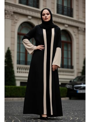 Kolları Detaylı Bej Tesettür Abaya 55510BEJ