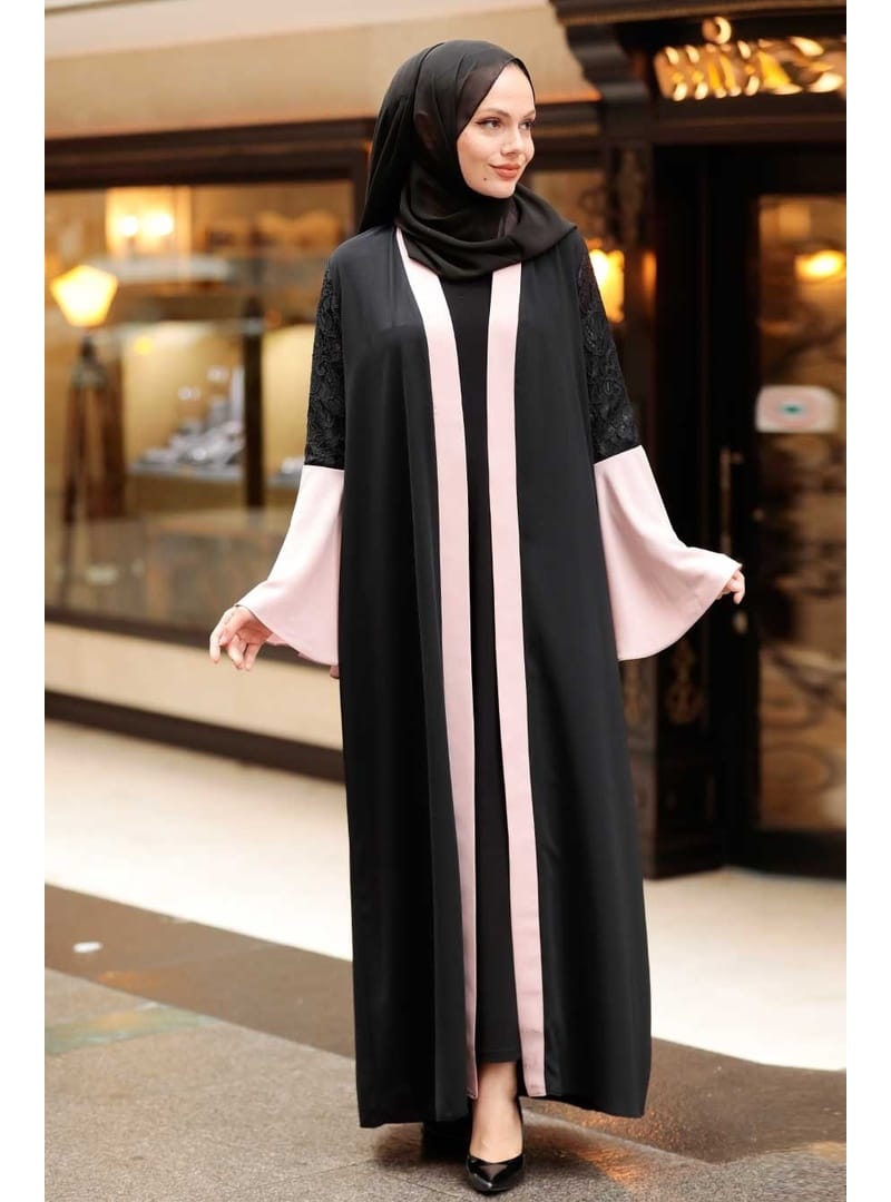 Kolları Detaylı Pudra Tesettür  Abaya 55510PD - Resim 2