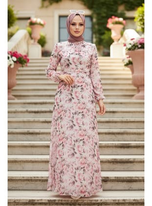 Çiçek Desenli Pembe Tesettür Elbise 279072P