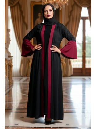 Kolları Detaylı Bordo Tesettür  Abaya 55510BR