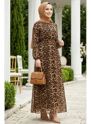 Leopar Desenli Tesettür Elbise 30502LP
